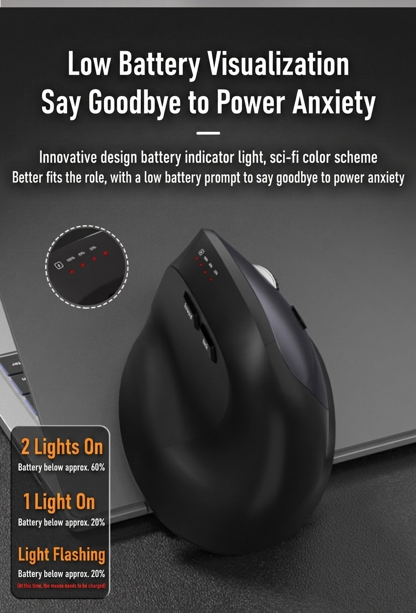 Ergonomic Vertical Wireless Mouse, Multi-Mode 2.4G/BT 5.2/Wired, 9600 DPI, Silent Click, Rechargeable - Model 7078