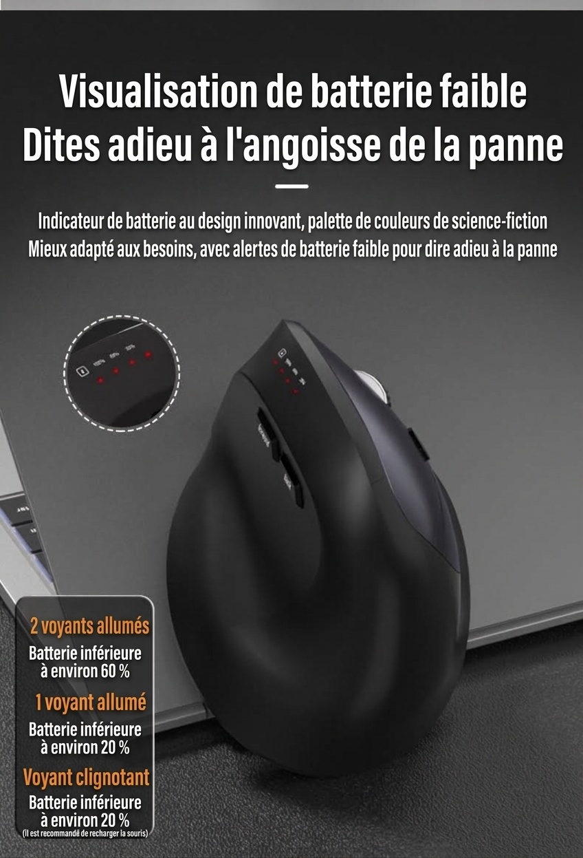 Souris sans fil verticale ergonomique, multimode 2,4 GHz/BT 5.2/filaire, 9&nbsp;600 DPI, clic silencieux, rechargeable - Modèle 7078