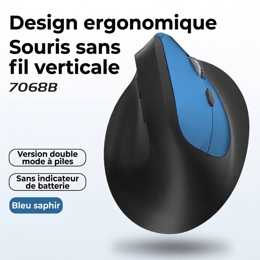 Souris sans fil verticale ergonomique, multimode 2,4 GHz/BT 5.2/filaire, 9&nbsp;600 DPI, clic silencieux, rechargeable - Modèle 7078