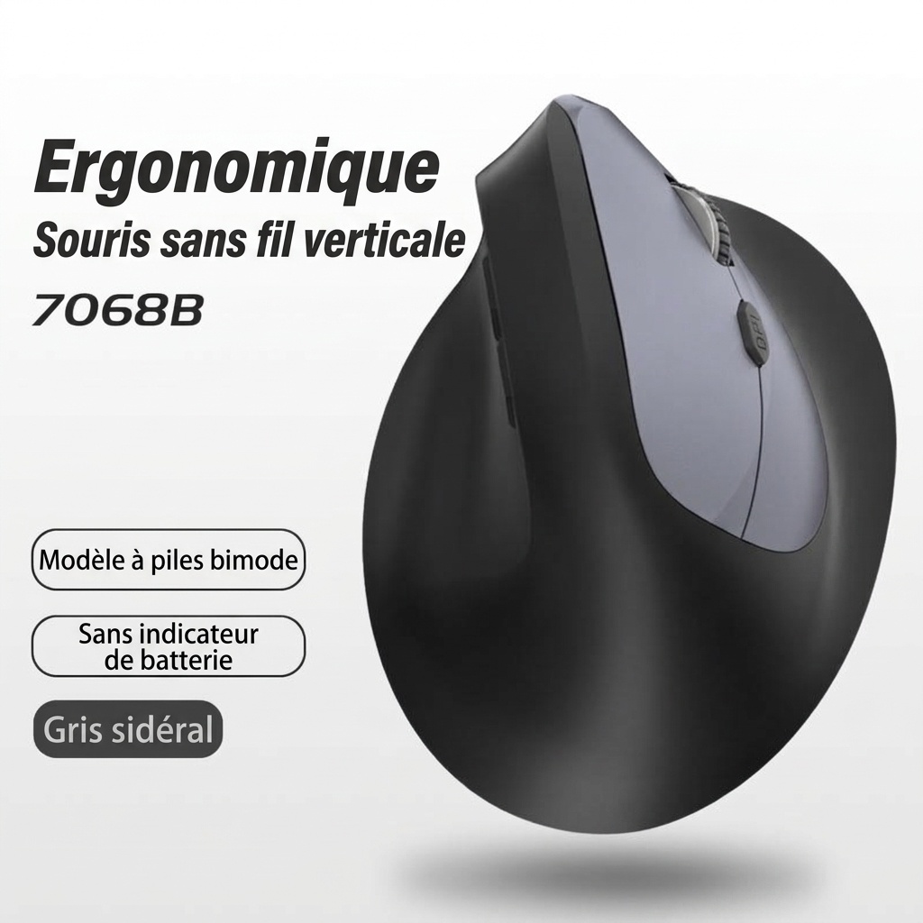 Souris sans fil verticale ergonomique, multimode 2,4 GHz/BT 5.2/filaire, 9&nbsp;600 DPI, clic silencieux, rechargeable - Modèle 7078