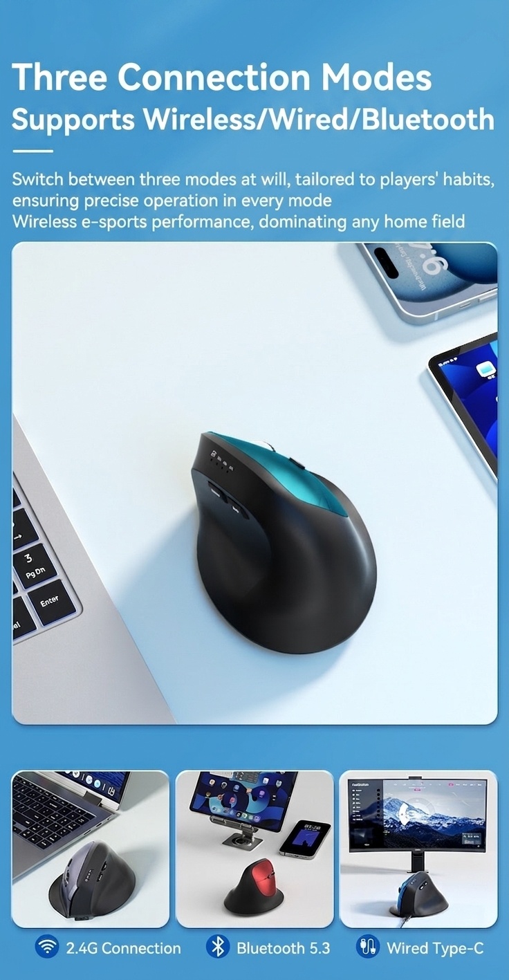 Ergonomic Vertical Wireless Mouse, Multi-Mode 2.4G/BT 5.2/Wired, 9600 DPI, Silent Click, Rechargeable - Model 7078