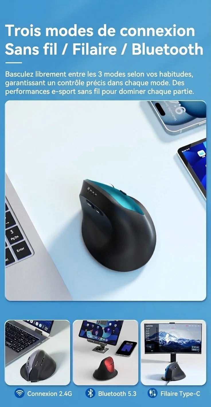 Souris sans fil verticale ergonomique, multimode 2,4 GHz/BT 5.2/filaire, 9 600 DPI, clic silencieux, rechargeable - Modèle 7078