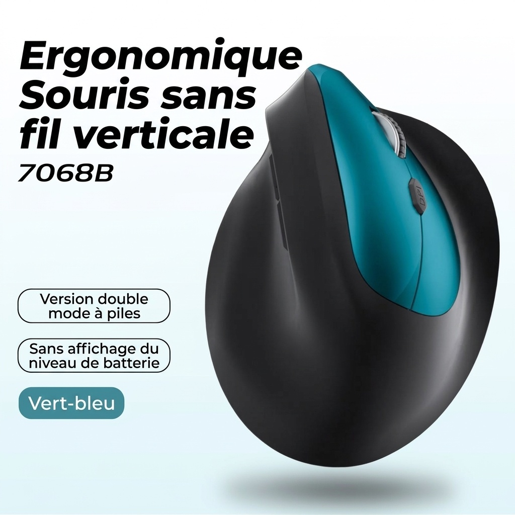 Souris sans fil verticale ergonomique, multimode 2,4 GHz/BT 5.2/filaire, 9&nbsp;600 DPI, clic silencieux, rechargeable - Modèle 7078