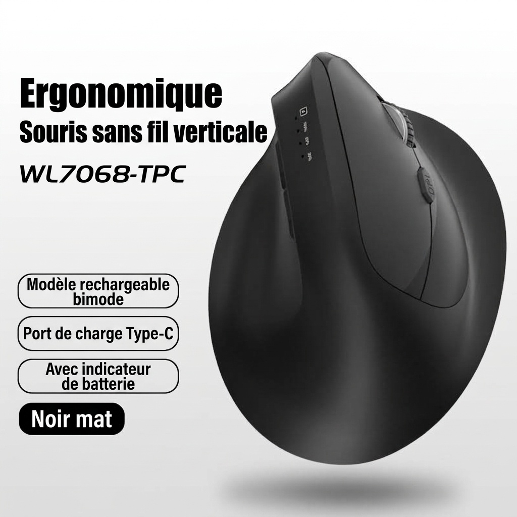 Souris sans fil verticale ergonomique, multimode Bluetooth 5.2/2.4 GHz/filaire, 9&nbsp;600&nbsp;dpi, clic silencieux, rechargeable - Série Premium