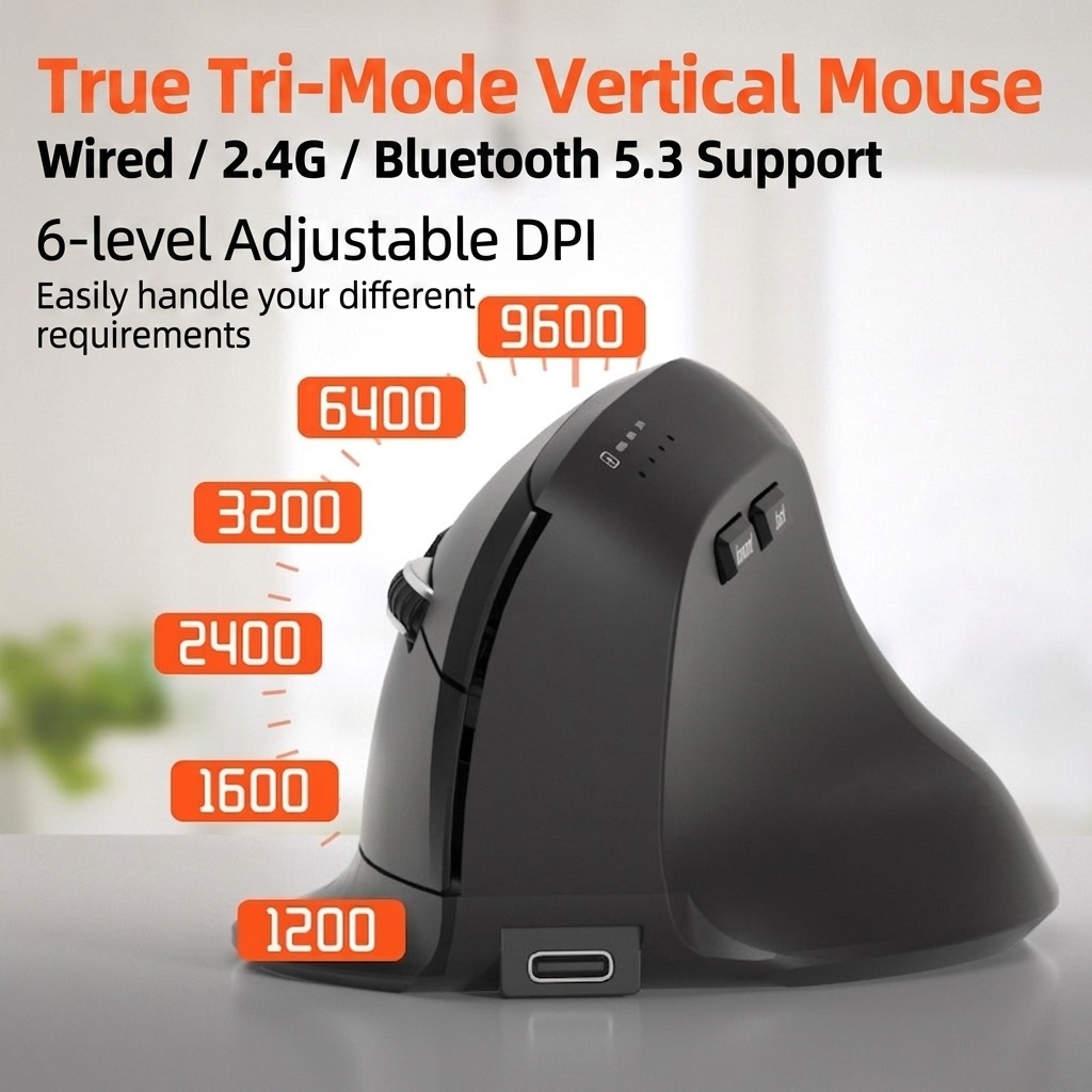 Ratón inalámbrico vertical ergonómico, multimodo BT 5.2/2.4G/con cable, 9600 DPI, clic silencioso, recargable - Serie Premium