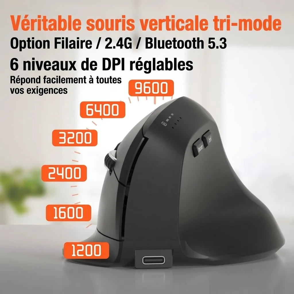 Souris sans fil verticale ergonomique, multimode Bluetooth 5.2/2.4 GHz/filaire, 9&nbsp;600&nbsp;dpi, clic silencieux, rechargeable - Série Premium