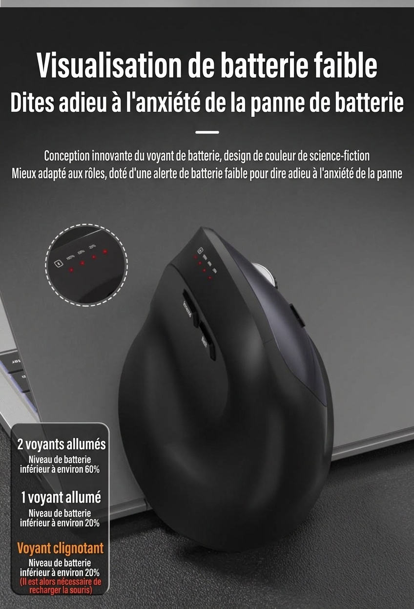 Souris sans fil verticale ergonomique, multimode Bluetooth 5.2/2.4 GHz/filaire, 9&nbsp;600&nbsp;dpi, clic silencieux, rechargeable - Série Premium