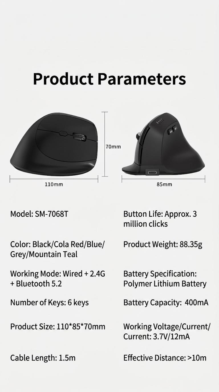 Ratón inalámbrico vertical ergonómico, multimodo BT 5.2/2.4G/con cable, 9600 DPI, clic silencioso, recargable - Serie Premium
