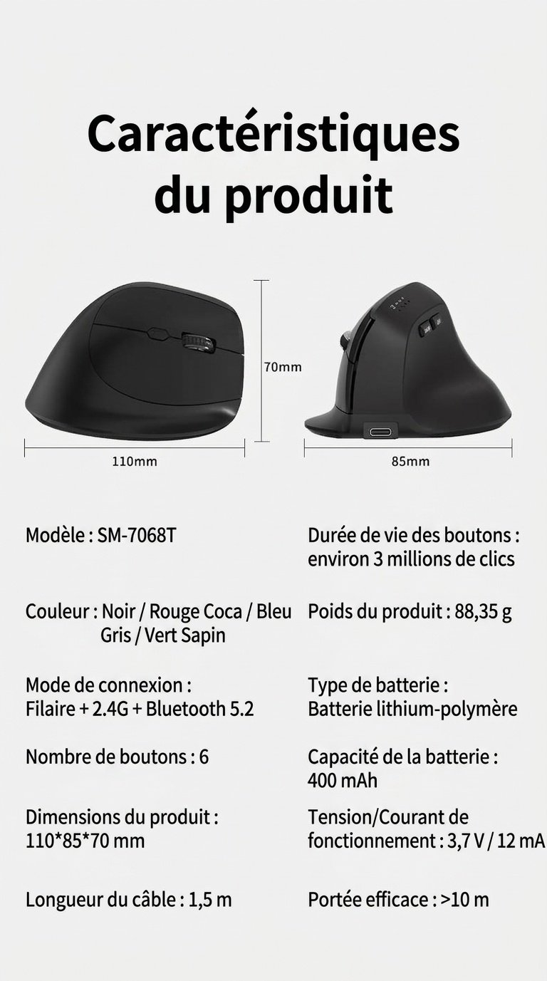 Souris sans fil verticale ergonomique, multimode Bluetooth 5.2/2.4 GHz/filaire, 9&nbsp;600&nbsp;dpi, clic silencieux, rechargeable - Série Premium