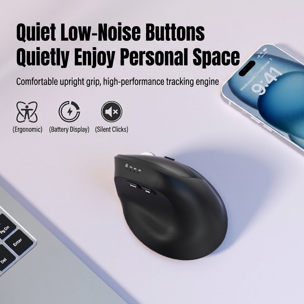Ratón inalámbrico vertical ergonómico, multimodo BT 5.2/2.4G/con cable, 9600 DPI, clic silencioso, recargable - Serie Premium