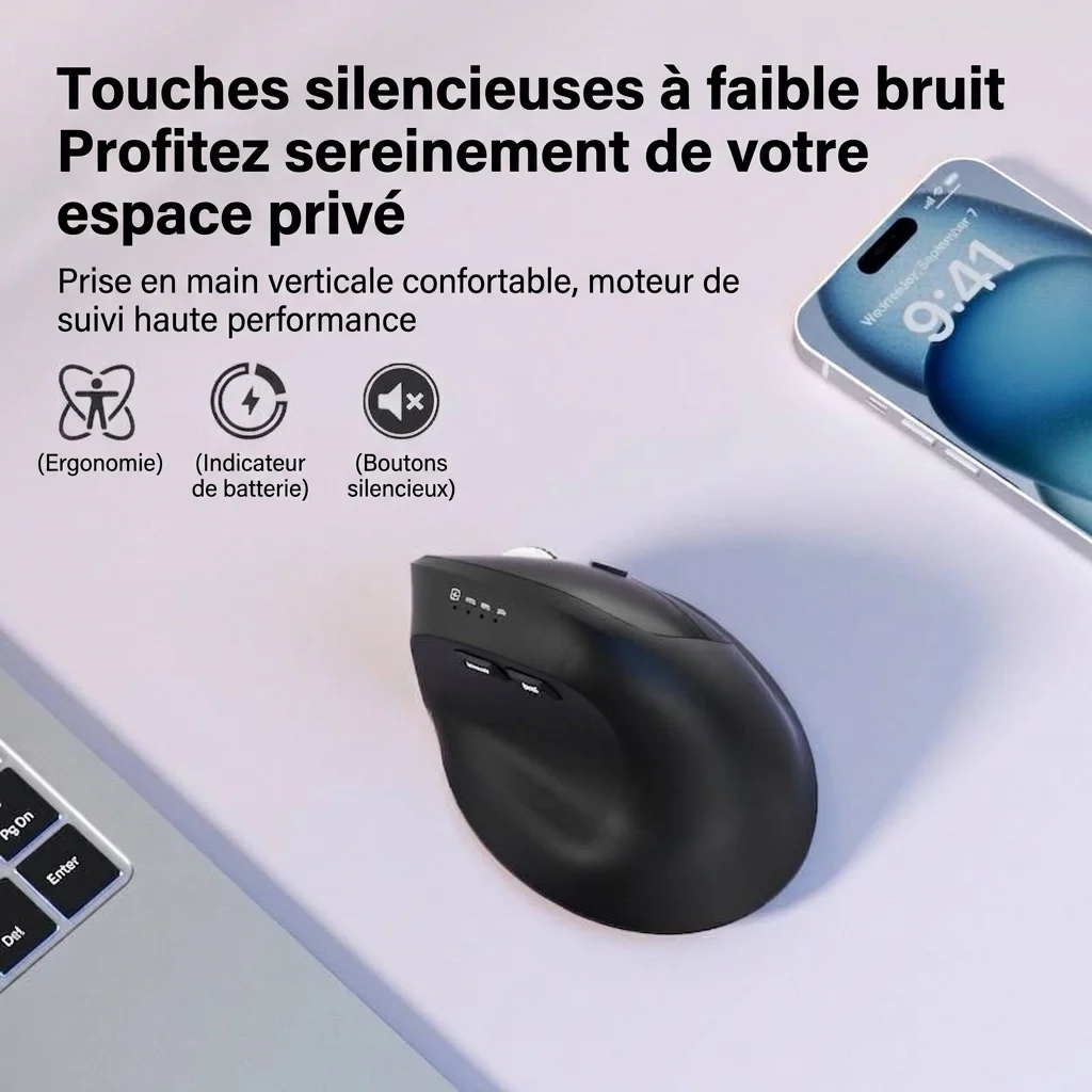 Souris sans fil verticale ergonomique, multimode Bluetooth 5.2/2.4 GHz/filaire, 9&nbsp;600&nbsp;dpi, clic silencieux, rechargeable - Série Premium