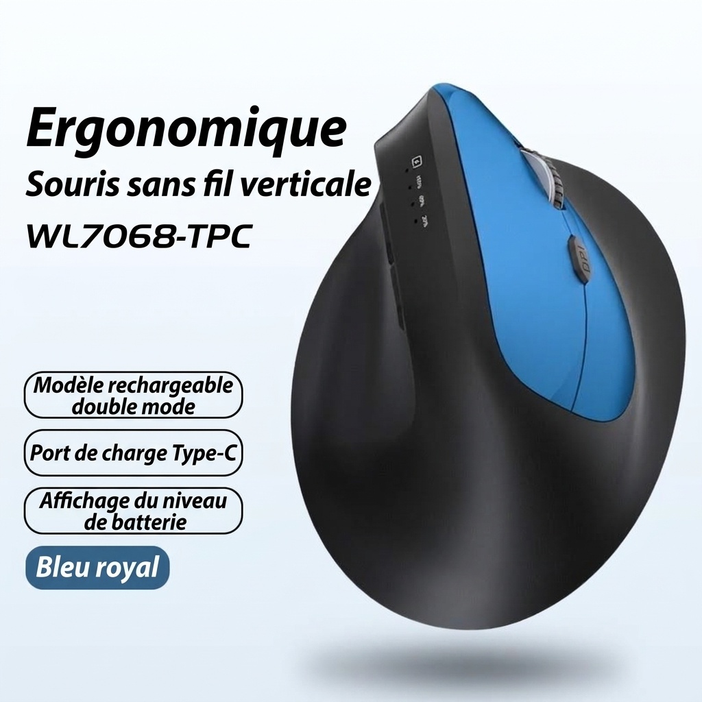 Souris sans fil verticale ergonomique, multimode Bluetooth 5.2/2.4 GHz/filaire, 9&nbsp;600&nbsp;dpi, clic silencieux, rechargeable - Série Premium