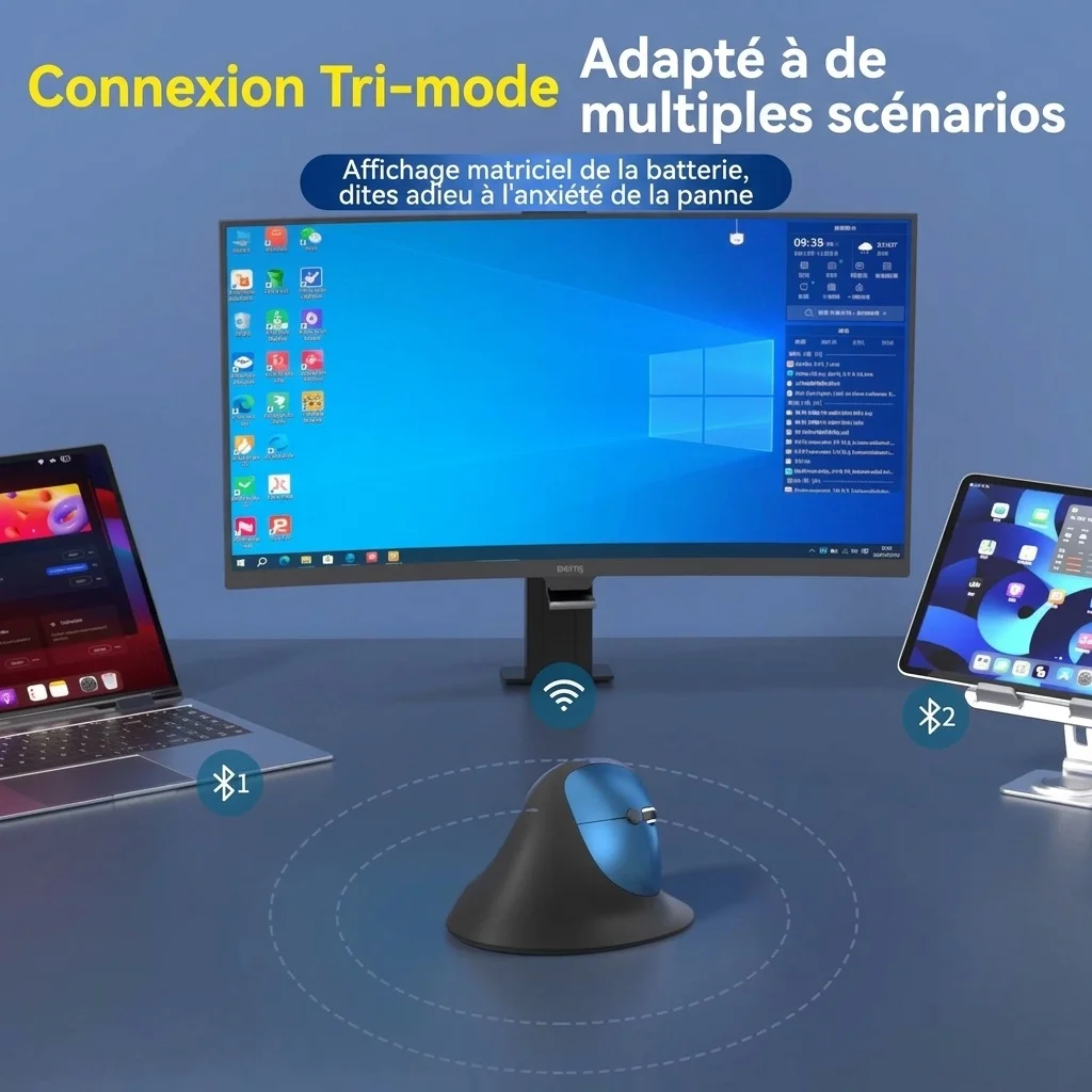 Souris sans fil verticale ergonomique, multimode Bluetooth 5.2/2.4 GHz/filaire, 9&nbsp;600&nbsp;dpi, clic silencieux, rechargeable - Série Premium