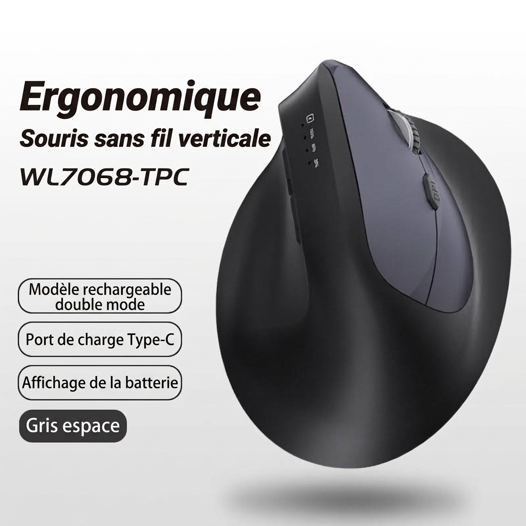 Souris sans fil verticale ergonomique, multimode Bluetooth 5.2/2.4 GHz/filaire, 9&nbsp;600&nbsp;dpi, clic silencieux, rechargeable - Série Premium