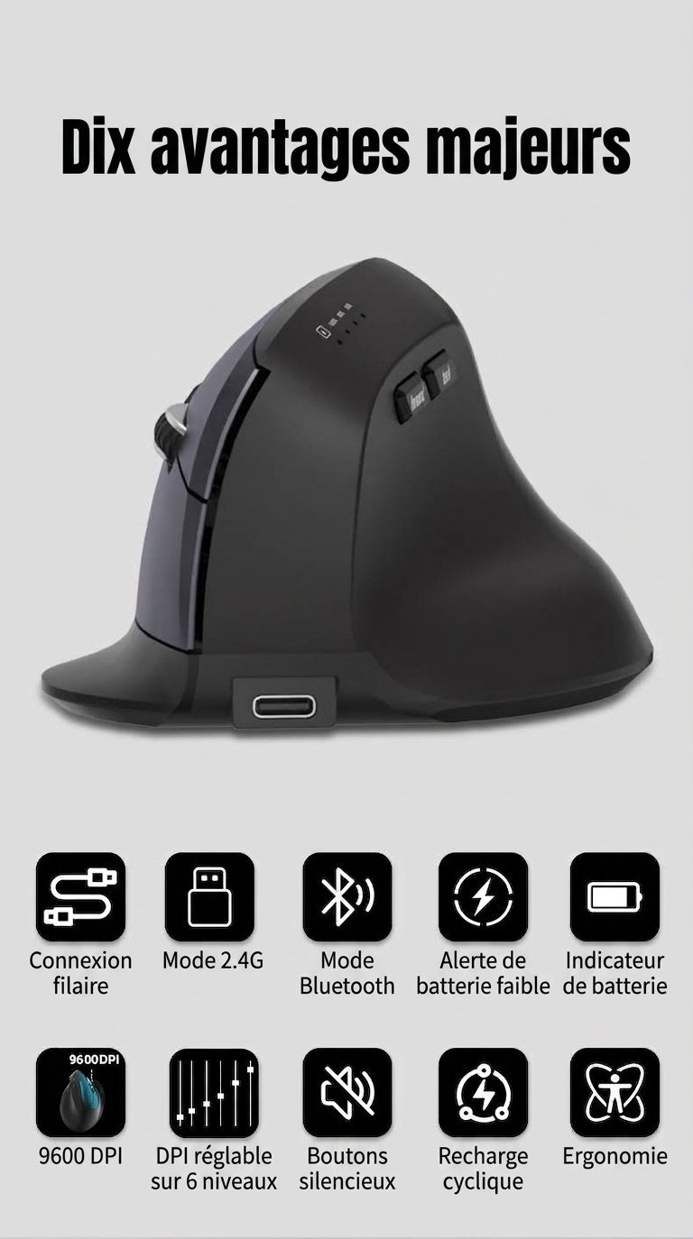 Souris sans fil verticale ergonomique, multimode Bluetooth 5.2/2.4 GHz/filaire, 9&nbsp;600&nbsp;dpi, clic silencieux, rechargeable - Série Premium