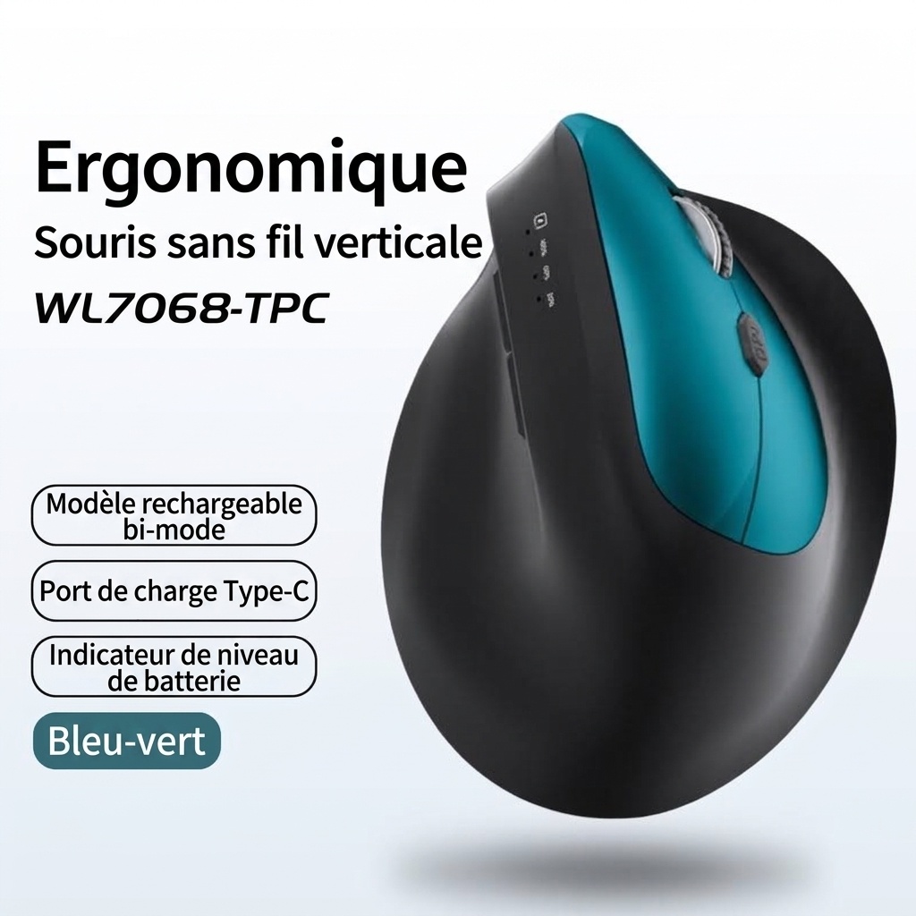 Souris sans fil verticale ergonomique, multimode Bluetooth 5.2/2.4 GHz/filaire, 9&nbsp;600&nbsp;dpi, clic silencieux, rechargeable - Série Premium