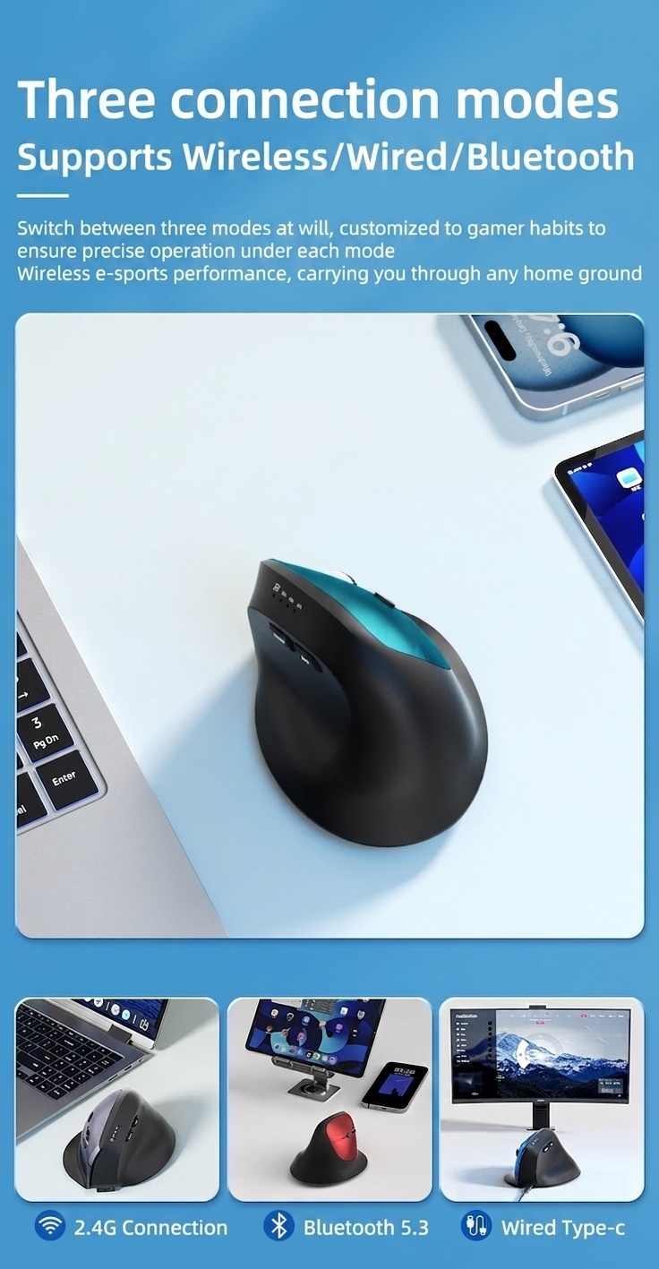 Ratón inalámbrico vertical ergonómico, multimodo BT 5.2/2.4G/con cable, 9600 DPI, clic silencioso, recargable - Serie Premium