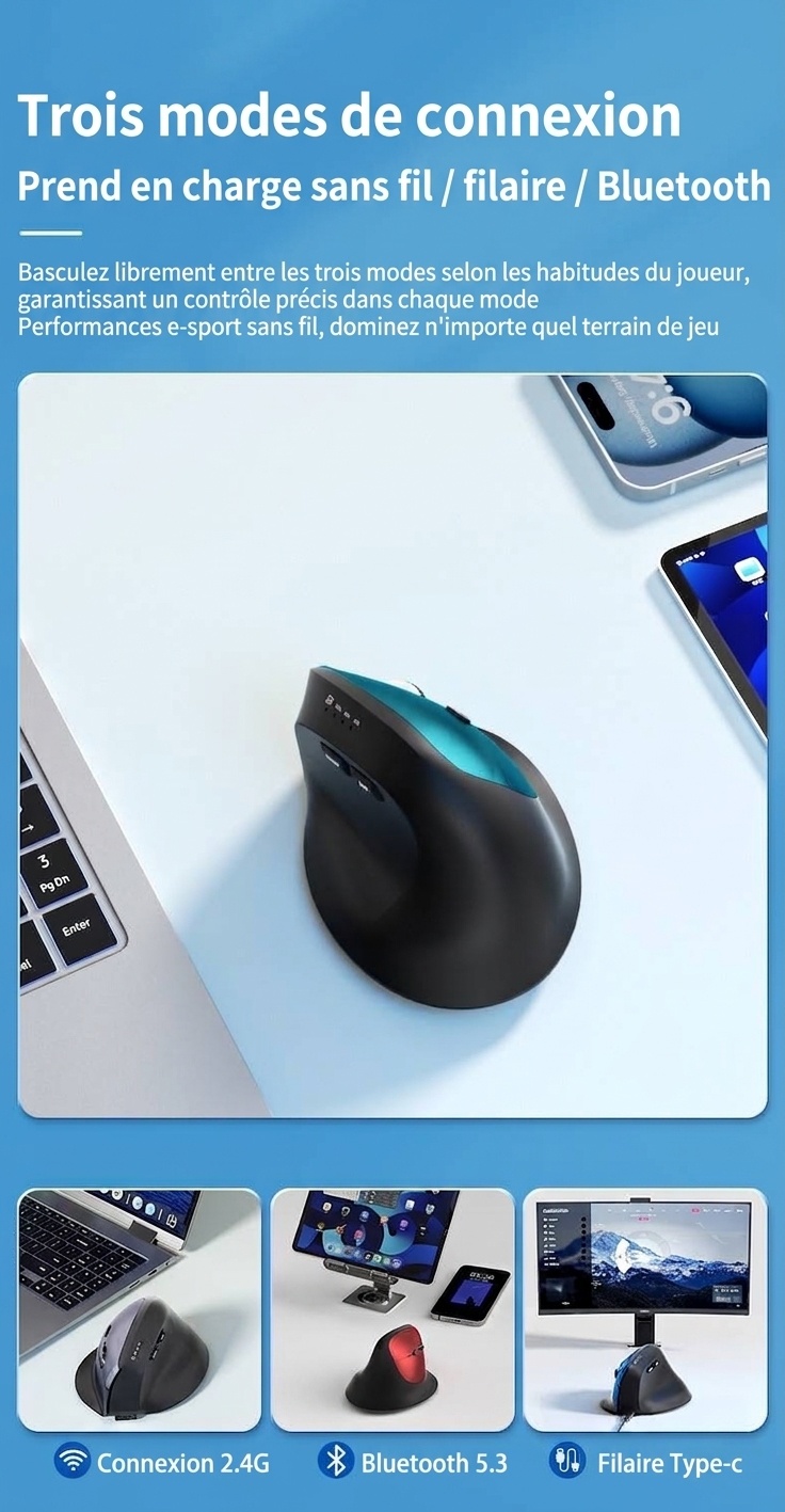 Souris sans fil verticale ergonomique, multimode Bluetooth 5.2/2.4 GHz/filaire, 9&nbsp;600&nbsp;dpi, clic silencieux, rechargeable - Série Premium