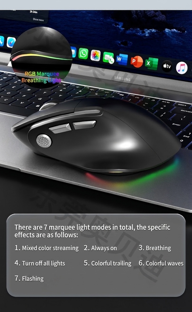 Ergonomic Vertical Wireless Mouse, Multi-Mode 2.4G/BT 5.3/Wired, RGB Lighting, 600mAh Rechargeable - Model 7078 RGB