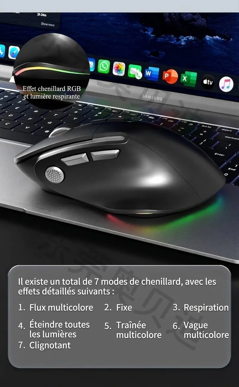 Souris sans fil verticale ergonomique, multimode 2,4 GHz/Bluetooth 5.3/filaire, éclairage RVB, batterie rechargeable 600 mAh - Modèle 7078 RVB
