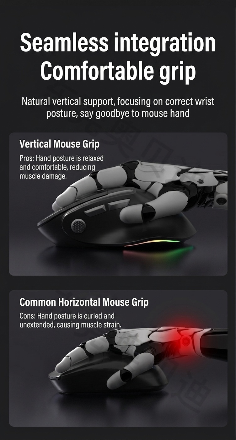Ergonomic Vertical Wireless Mouse, Multi-Mode 2.4G/BT 5.3/Wired, RGB Lighting, 600mAh Rechargeable - Model 7078 RGB
