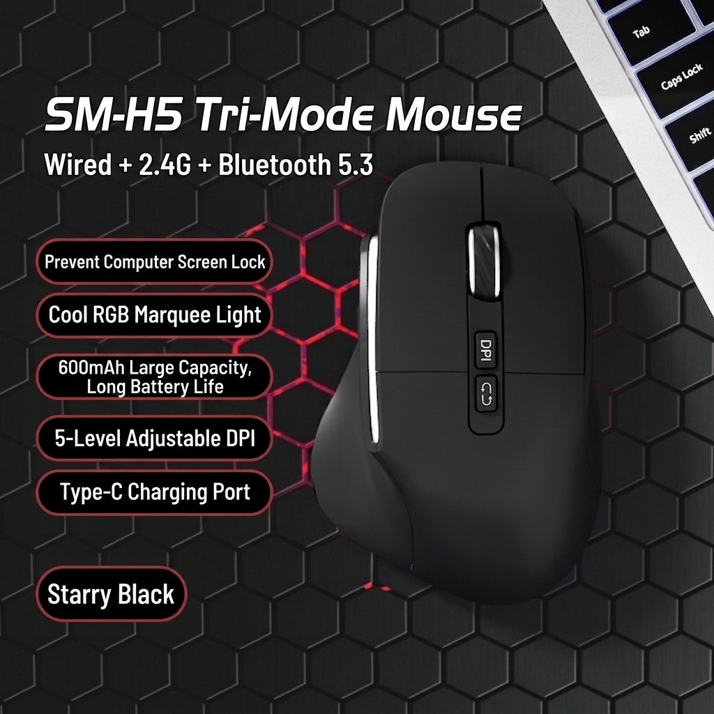 Ergonomic Vertical Wireless Mouse, Multi-Mode 2.4G/BT 5.3/Wired, RGB Lighting, 600mAh Rechargeable - Model 7078 RGB