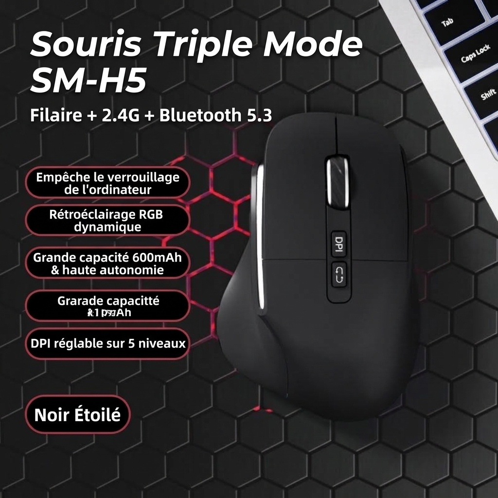 Souris sans fil verticale ergonomique, multimode 2,4 GHz/Bluetooth 5.3/filaire, éclairage RVB, batterie rechargeable 600 mAh - Modèle 7078 RVB