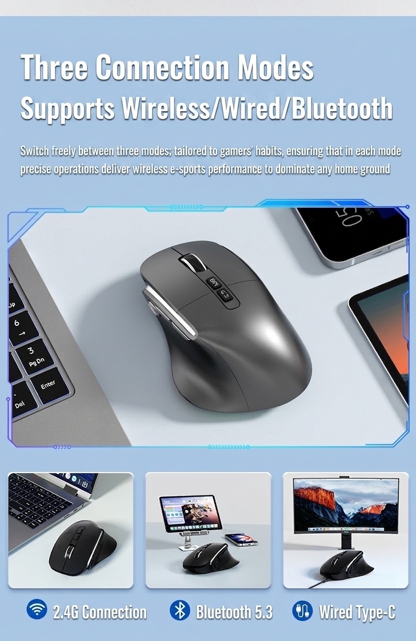 Ergonomic Vertical Wireless Mouse, Multi-Mode 2.4G/BT 5.3/Wired, RGB Lighting, 600mAh Rechargeable - Model 7078 RGB