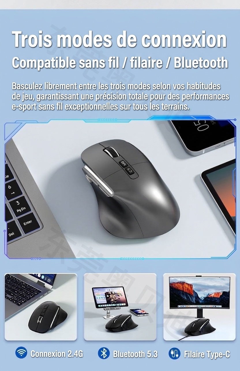 Souris sans fil verticale ergonomique, multimode 2,4 GHz/Bluetooth 5.3/filaire, éclairage RVB, batterie rechargeable 600 mAh - Modèle 7078 RVB