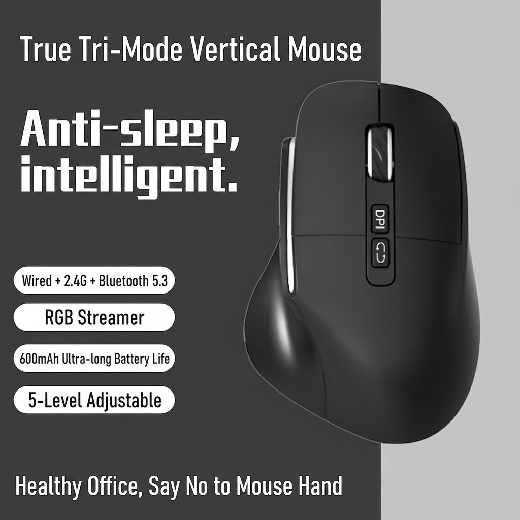 Ergonomic Vertical Wireless Mouse, Multi-Mode 2.4G/BT 5.3/Wired, RGB Lighting, 600mAh Rechargeable - Model 7078 RGB