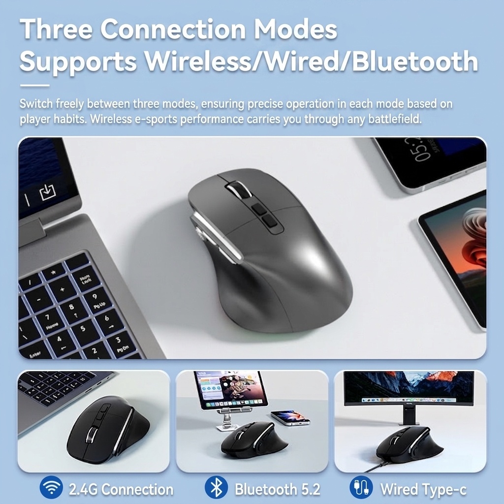 Ergonomic Vertical Wireless Mouse, Multi-Mode 2.4G/BT 5.3/Wired, RGB Lighting, 600mAh Rechargeable - Model 7078 RGB