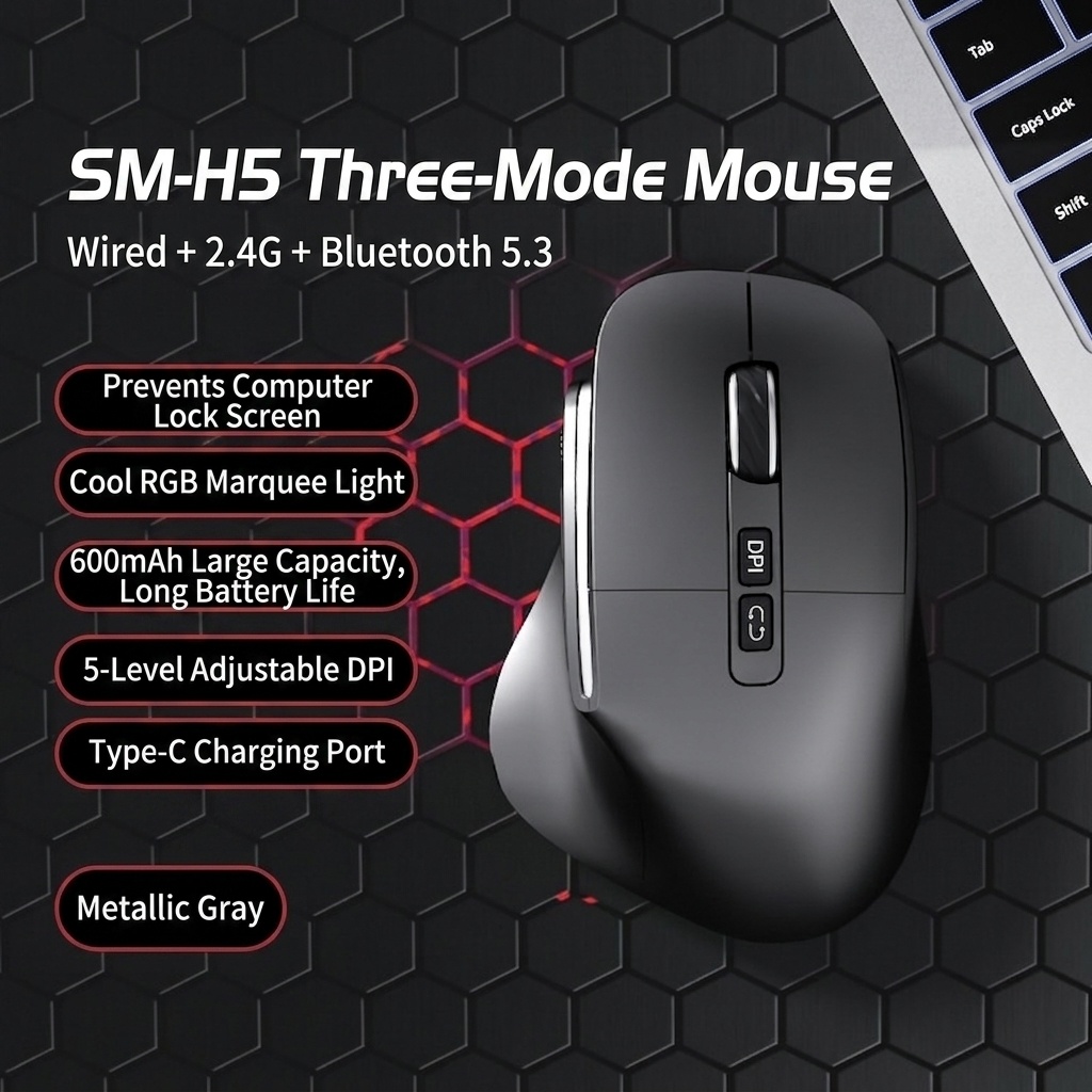 Ergonomic Vertical Wireless Mouse, Multi-Mode 2.4G/BT 5.3/Wired, RGB Lighting, 600mAh Rechargeable - Model 7078 RGB