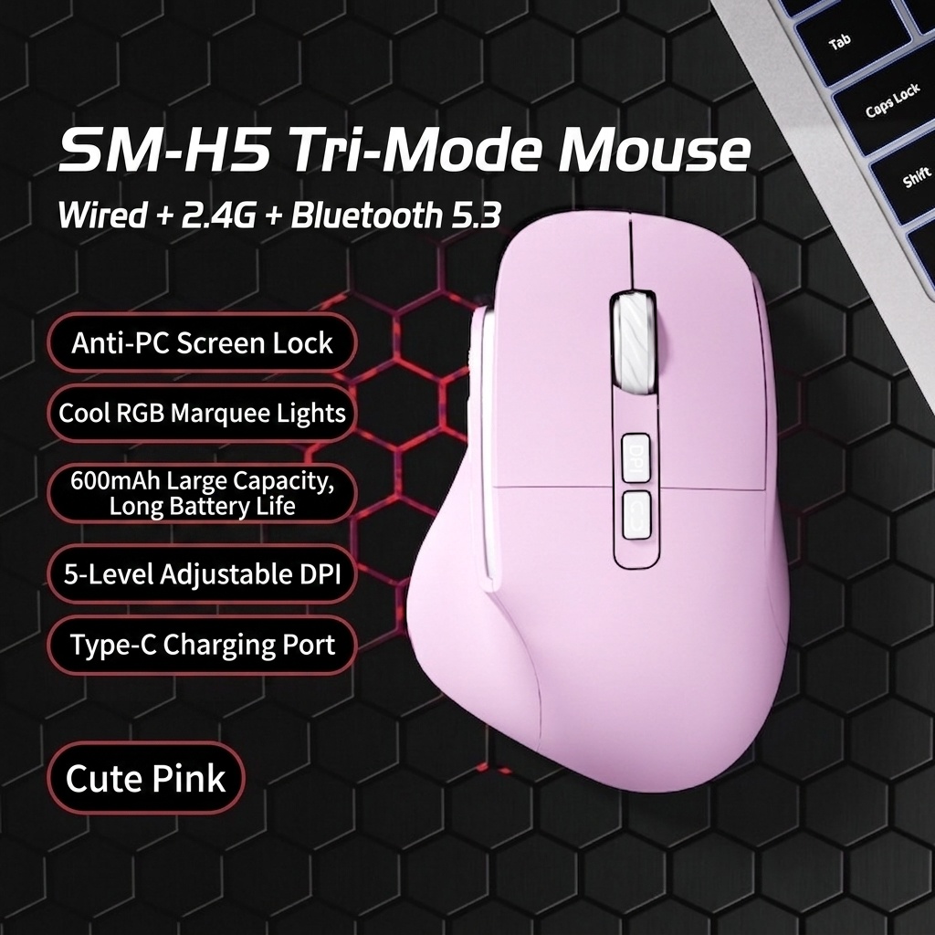 Ergonomic Vertical Wireless Mouse, Multi-Mode 2.4G/BT 5.3/Wired, RGB Lighting, 600mAh Rechargeable - Model 7078 RGB