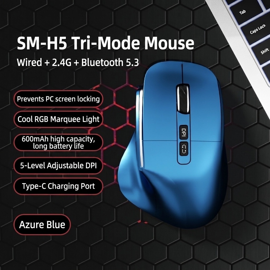 Ergonomic Vertical Wireless Mouse, Multi-Mode 2.4G/BT 5.3/Wired, RGB Lighting, 600mAh Rechargeable - Model 7078 RGB