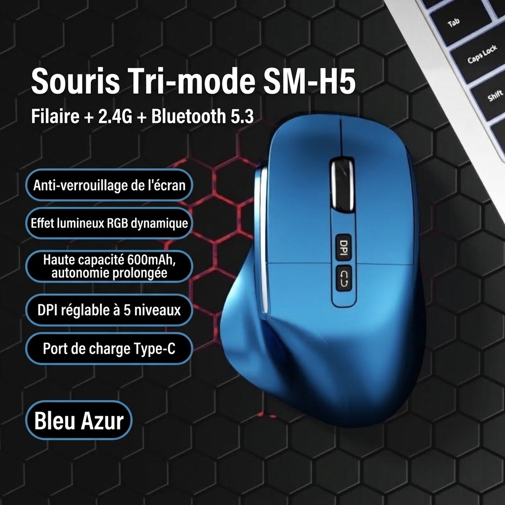 Souris sans fil verticale ergonomique, multimode 2,4 GHz/Bluetooth 5.3/filaire, éclairage RVB, batterie rechargeable 600 mAh - Modèle 7078 RVB