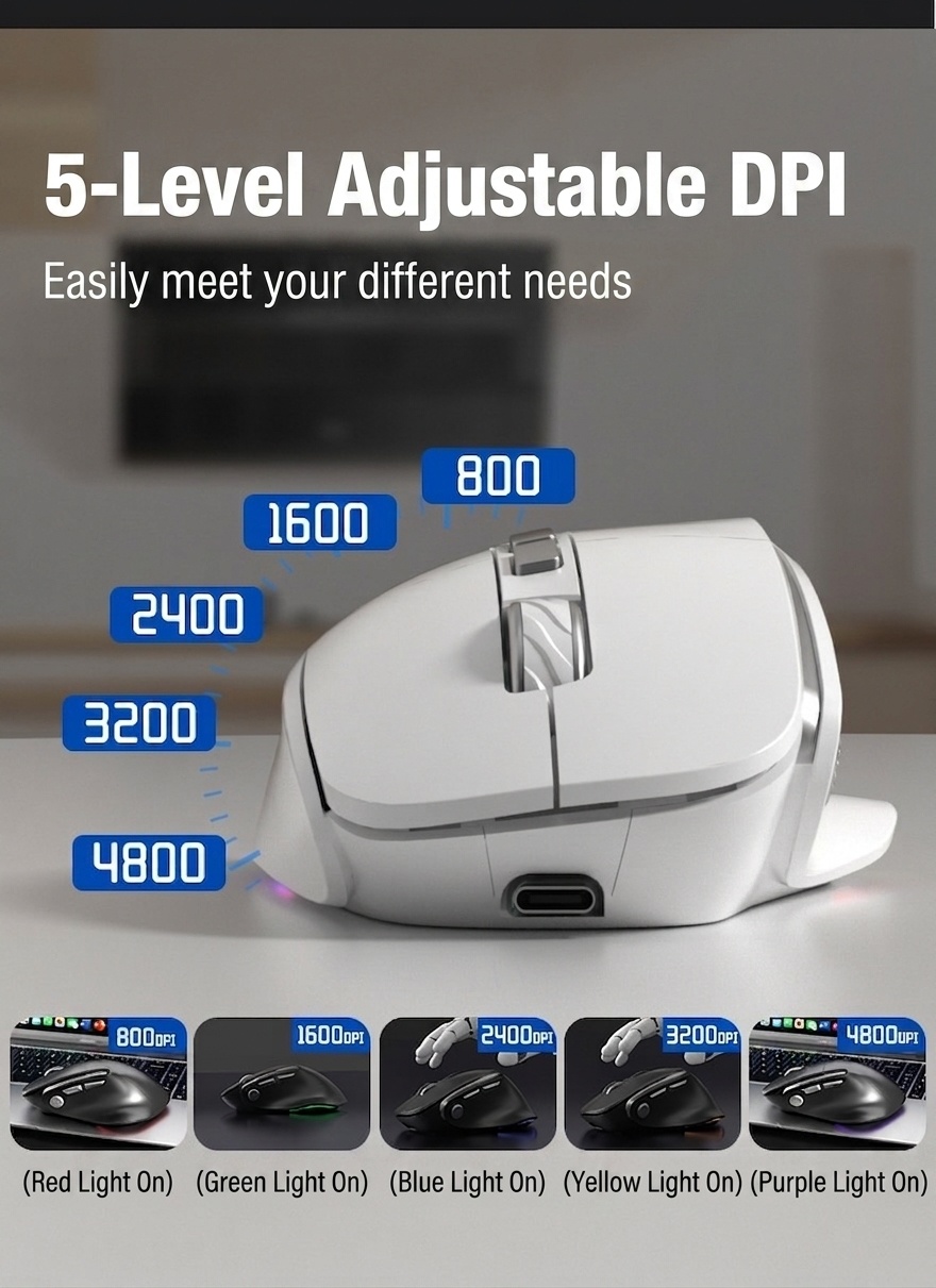 Ergonomic Vertical Wireless Mouse, Multi-Mode 2.4G/BT 5.3/Wired, RGB Lighting, 600mAh Rechargeable - Model 7078 RGB