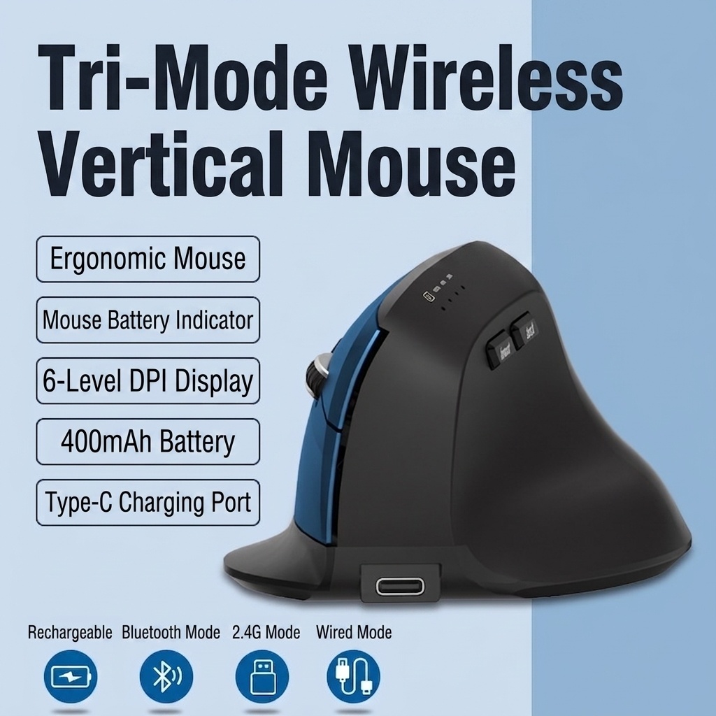 Ratón inalámbrico vertical ergonómico, triple modo 2.4G/BT 5.3/con cable, 9600 DPI, clic silencioso, recargable - Modelo H5