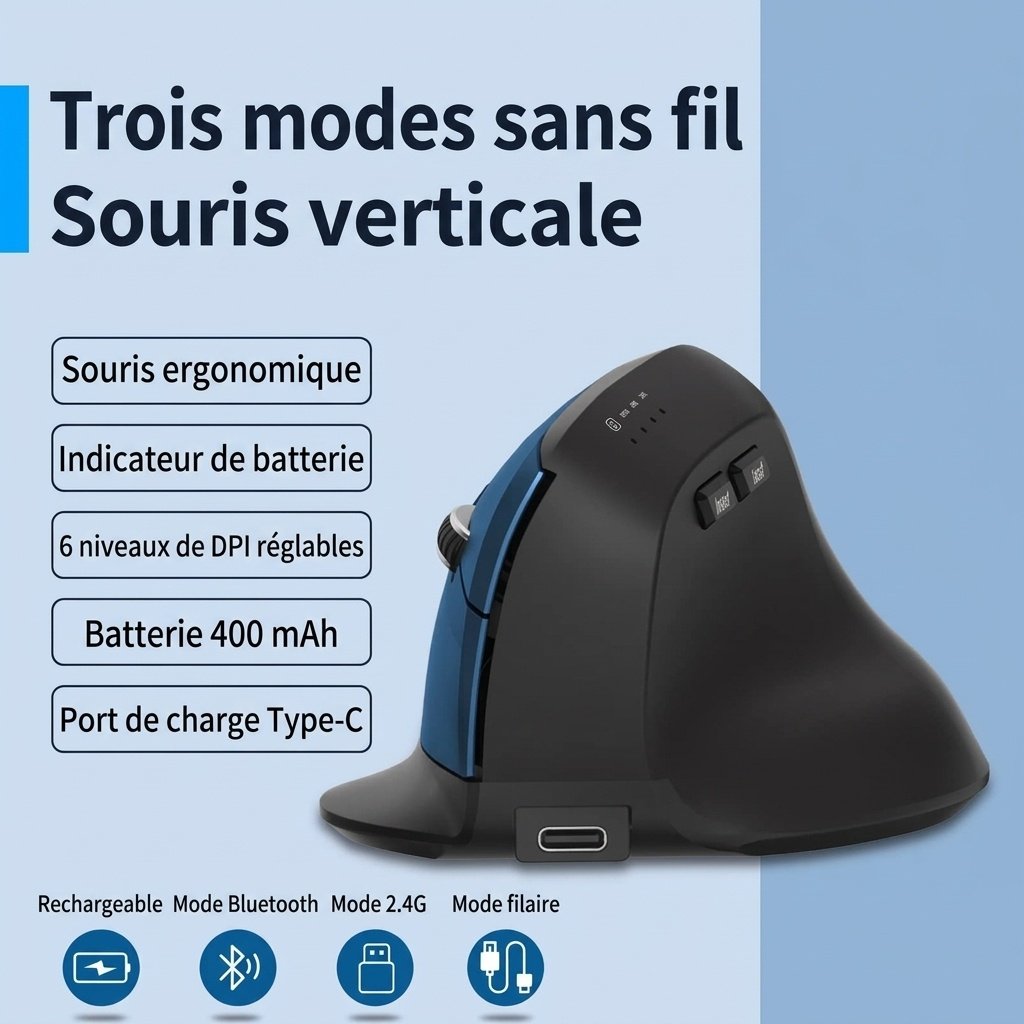 Souris sans fil verticale ergonomique, triple mode 2,4 GHz/Bluetooth 5.3/filaire, 9&nbsp;600&nbsp;dpi, clic silencieux, rechargeable - Modèle H5