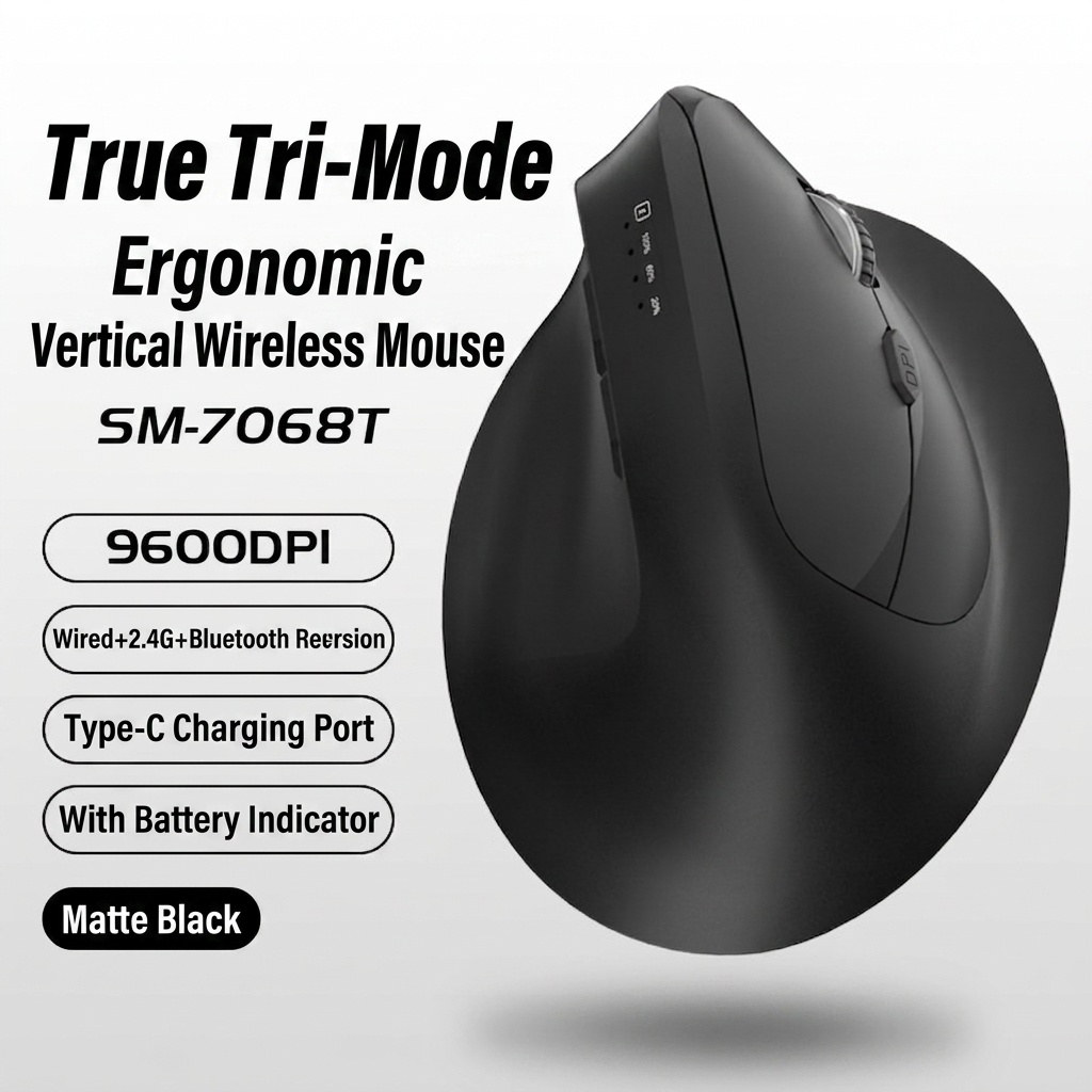 Ratón inalámbrico vertical ergonómico, triple modo 2.4G/BT 5.3/con cable, 9600 DPI, clic silencioso, recargable - Modelo H5