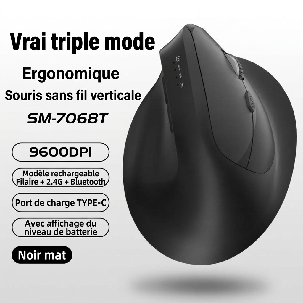 Souris sans fil verticale ergonomique, triple mode 2,4 GHz/Bluetooth 5.3/filaire, 9&nbsp;600&nbsp;dpi, clic silencieux, rechargeable - Modèle H5