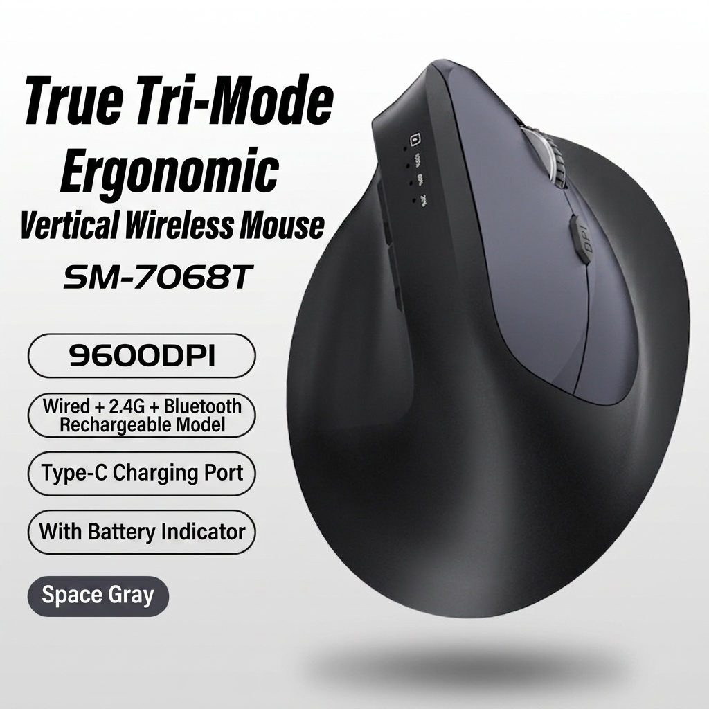 Ratón inalámbrico vertical ergonómico, triple modo 2.4G/BT 5.3/con cable, 9600 DPI, clic silencioso, recargable - Modelo H5