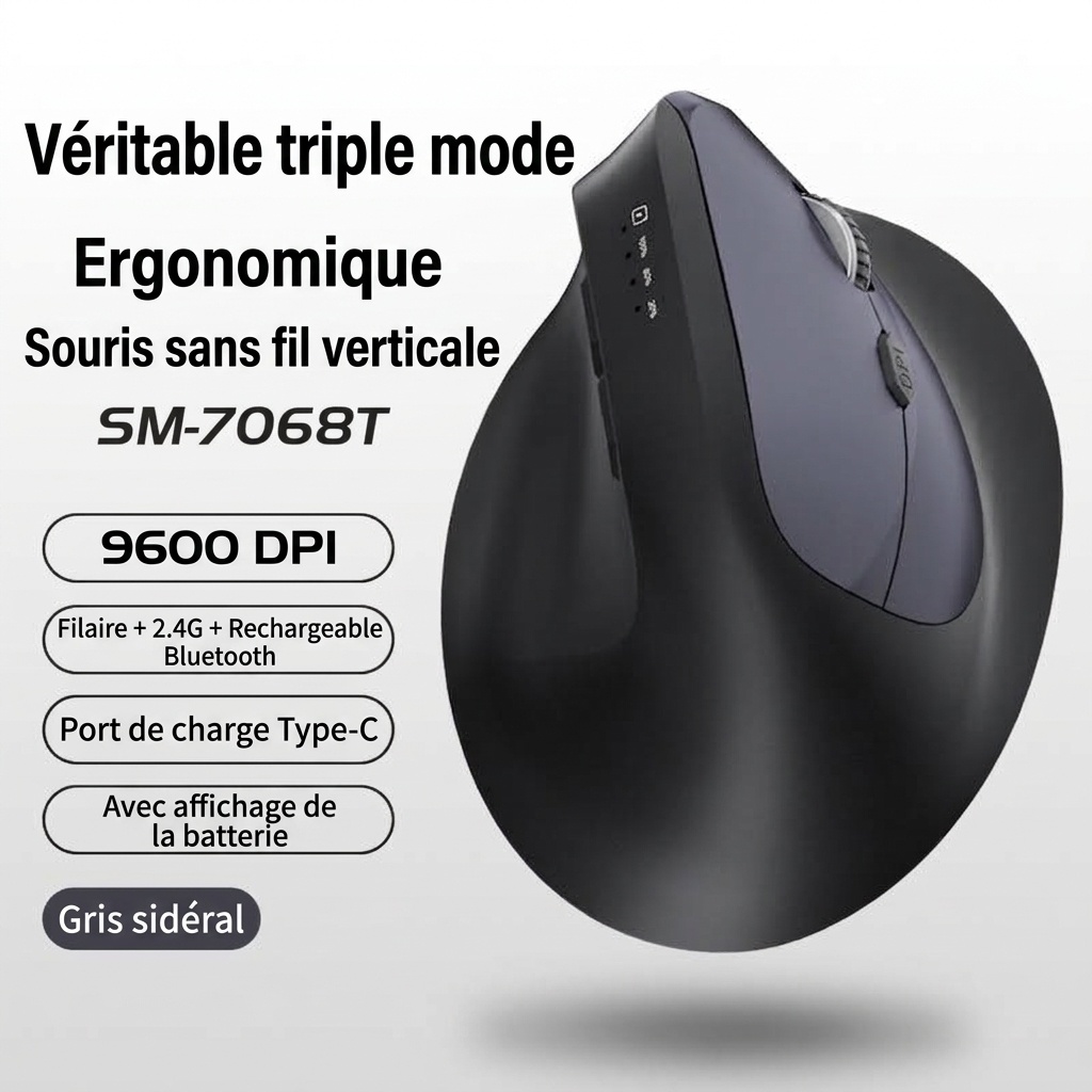 Souris sans fil verticale ergonomique, triple mode 2,4 GHz/Bluetooth 5.3/filaire, 9&nbsp;600&nbsp;dpi, clic silencieux, rechargeable - Modèle H5