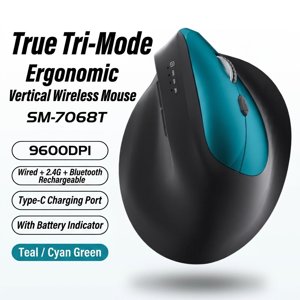 Ratón inalámbrico vertical ergonómico, triple modo 2.4G/BT 5.3/con cable, 9600 DPI, clic silencioso, recargable - Modelo H5