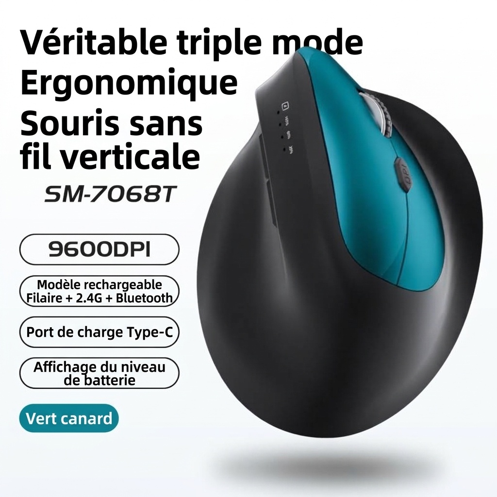 Souris sans fil verticale ergonomique, triple mode 2,4 GHz/Bluetooth 5.3/filaire, 9&nbsp;600&nbsp;dpi, clic silencieux, rechargeable - Modèle H5