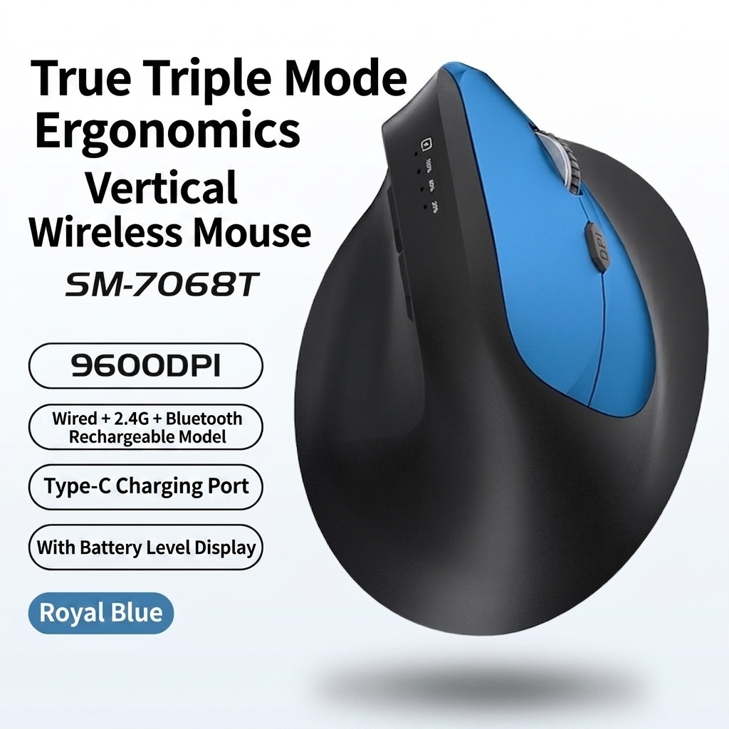 Ratón inalámbrico vertical ergonómico, triple modo 2.4G/BT 5.3/con cable, 9600 DPI, clic silencioso, recargable - Modelo H5