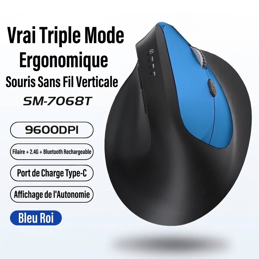 Souris sans fil verticale ergonomique, triple mode 2,4 GHz/Bluetooth 5.3/filaire, 9&nbsp;600&nbsp;dpi, clic silencieux, rechargeable - Modèle H5
