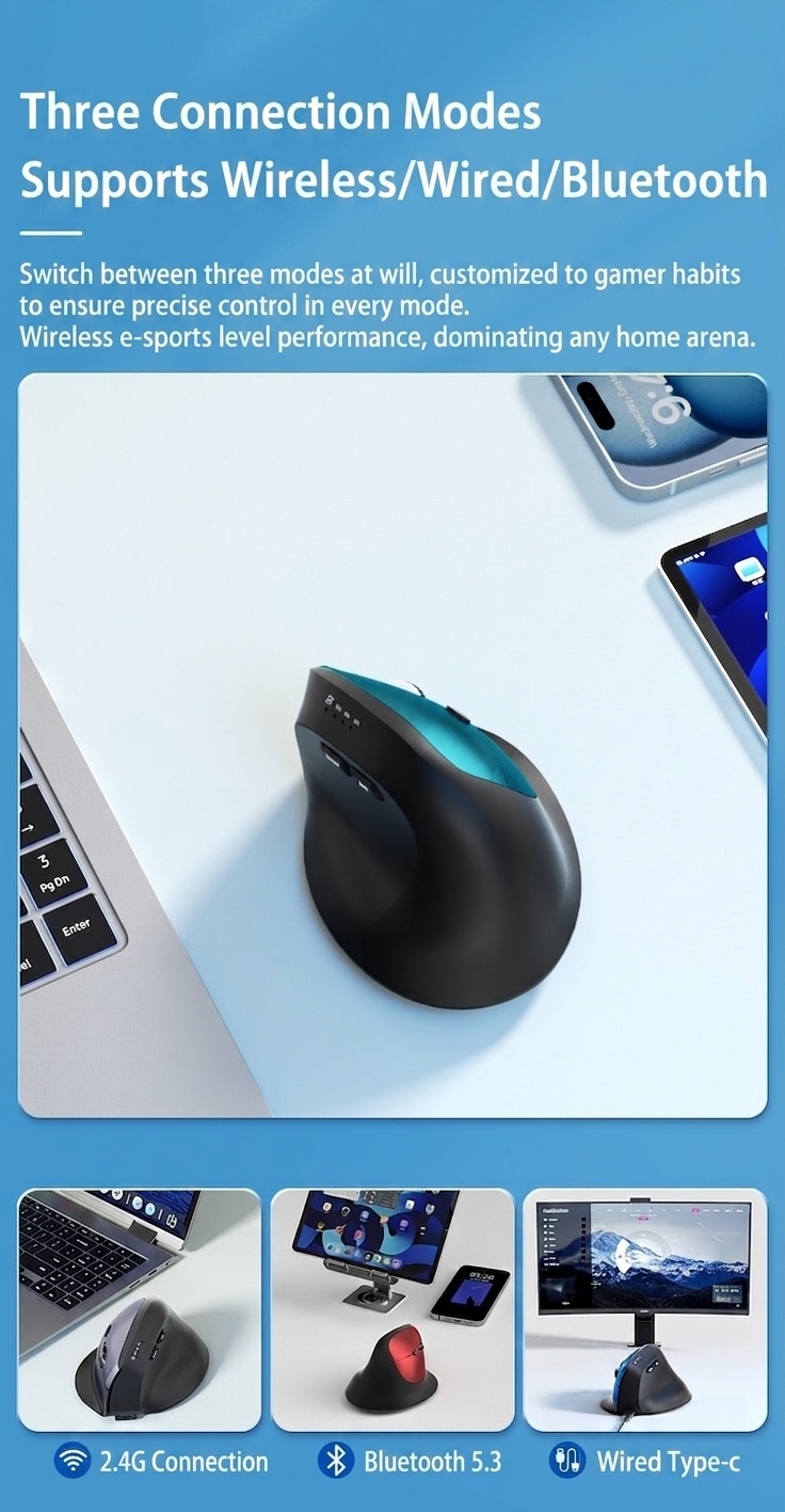 Ratón inalámbrico vertical ergonómico, triple modo 2.4G/BT 5.3/con cable, 9600 DPI, clic silencioso, recargable - Modelo H5