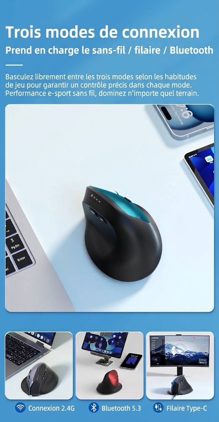 Souris sans fil verticale ergonomique, triple mode 2,4 GHz/Bluetooth 5.3/filaire, 9&nbsp;600&nbsp;dpi, clic silencieux, rechargeable - Modèle H5
