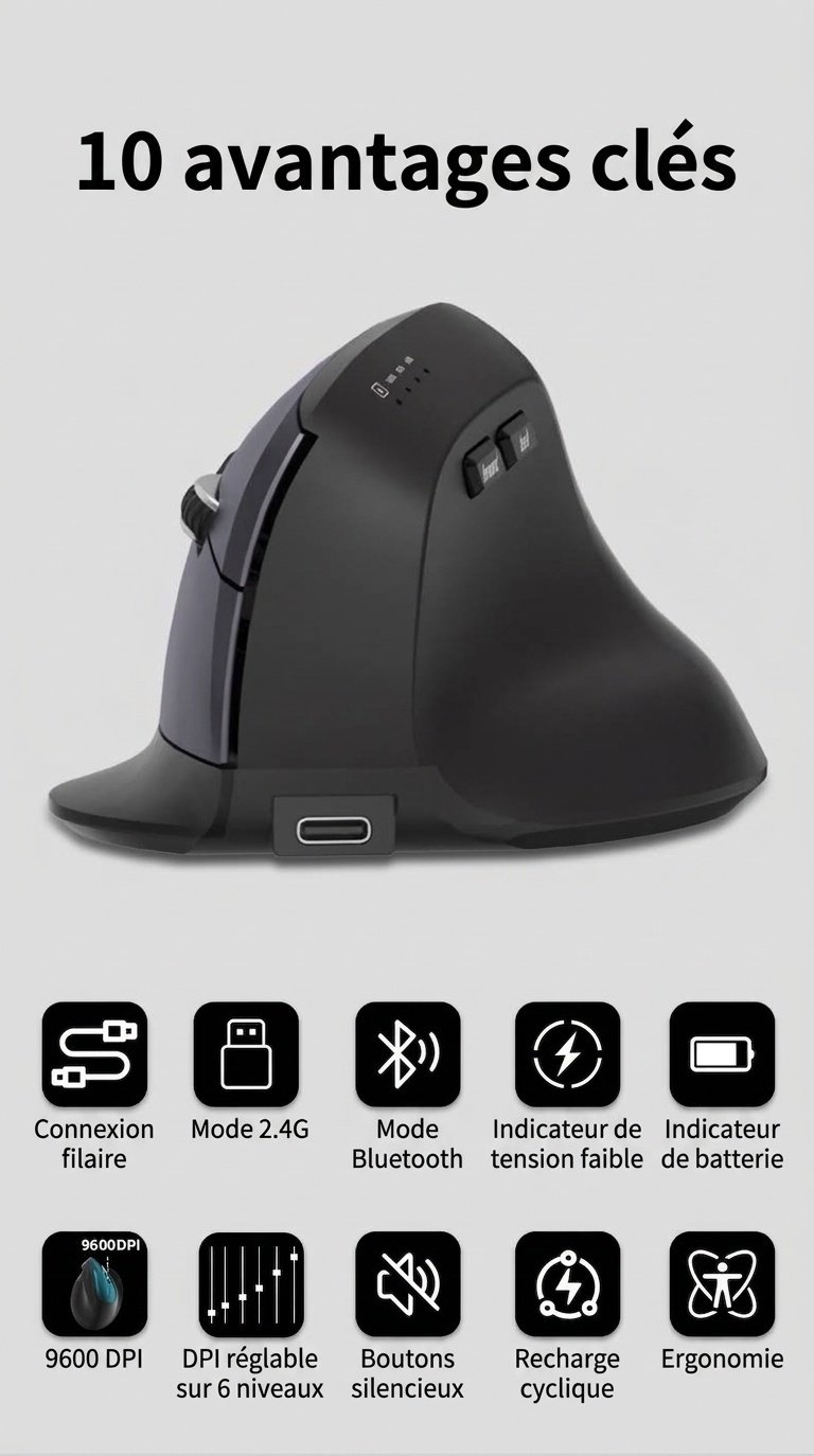 Souris sans fil verticale ergonomique, triple mode 2,4 GHz/Bluetooth 5.3/filaire, 9&nbsp;600&nbsp;dpi, clic silencieux, rechargeable - Modèle H5