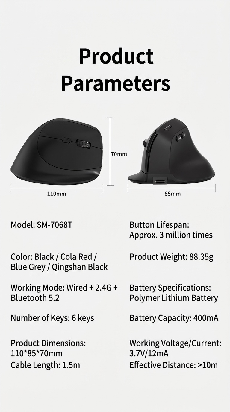 Ratón inalámbrico vertical ergonómico, triple modo 2.4G/BT 5.3/con cable, 9600 DPI, clic silencioso, recargable - Modelo H5